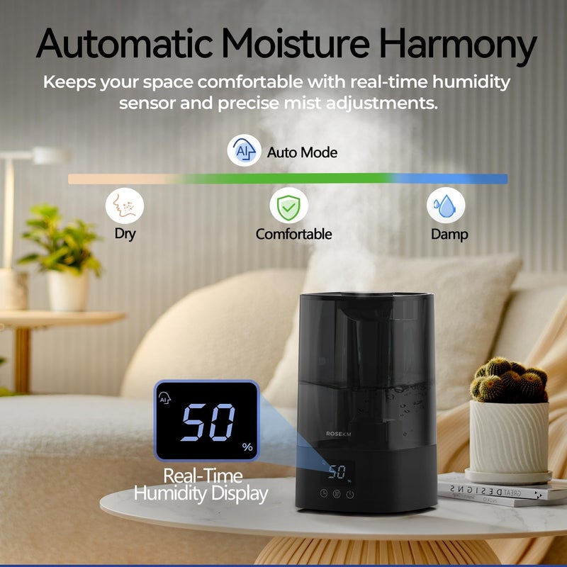 Rosekm Automatic Humidifiers for Bedroom Large Room, 4.5L Cool Mist Humidifier for Home & Plant with Timer & Humidity Sensor, Last Up to 18H on High Setting, Auto Shut-Off, 360° Nozzle (Black) - Image 2